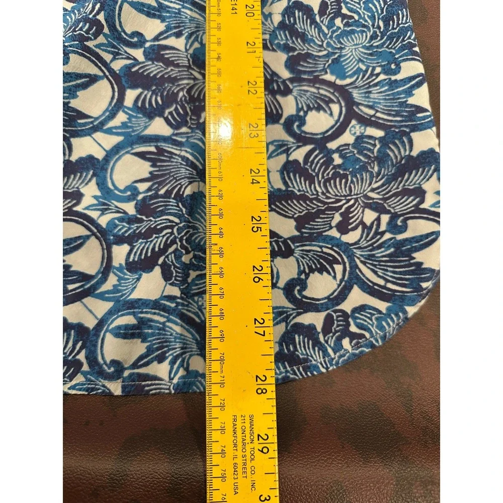Tory Burch Blue Floral Silk Blend‎ Roll Tab Sleeve Tunic Top Blouse Size 8